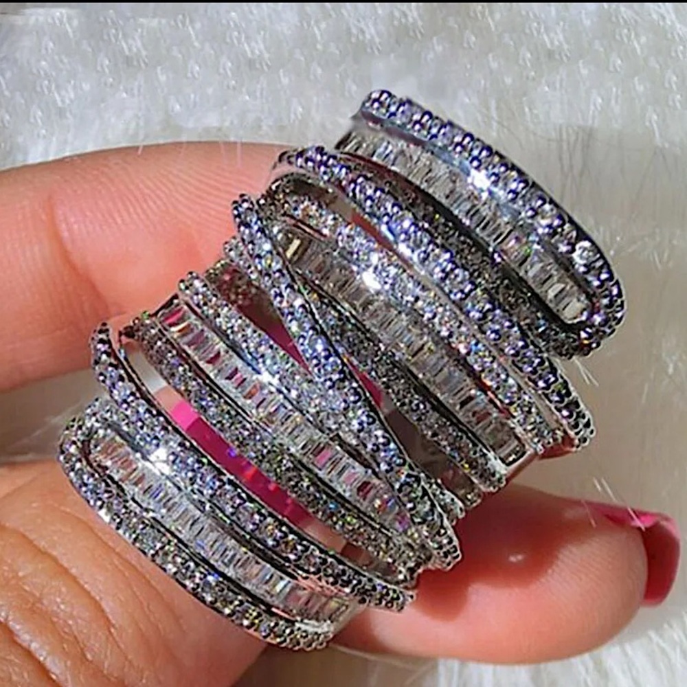 Sterling Silver Baguette Cubic Zircon Multilayer Cross Over Statement Ring - Picture 7 of 11